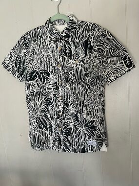 Adidas Originals Tropical Print Button Up Shirt Black White Short Sleeve Size S